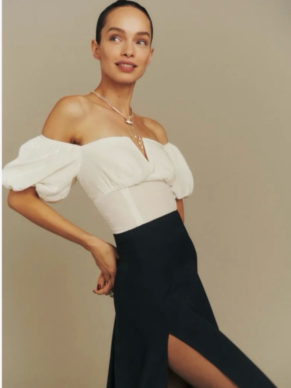 Off-Shoulder Puff Sleeve White Bodice Top with Black High-Slit Skirt